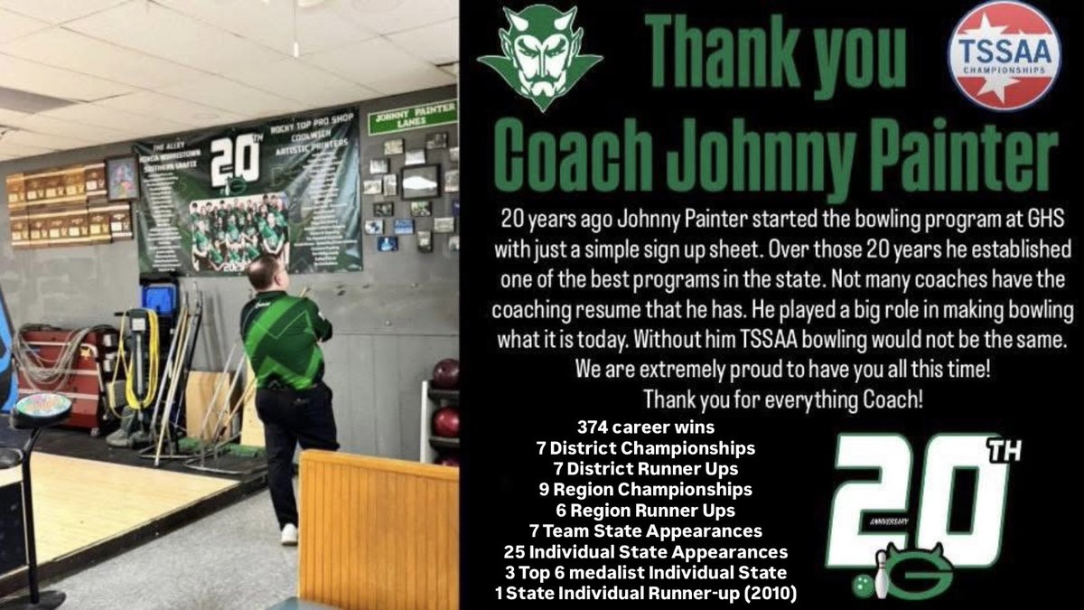 GvilleBowling's tweet photo. We can’t say thank you enough to justify how much we all appreciate you coach! Not only all that you’ve done for the Greeneville Bowling program but for the entire school system as well! Enjoy retirement Coach Johnny Painter!😈💚 #Devil4Life https://t.co/vlUp1U3k59
