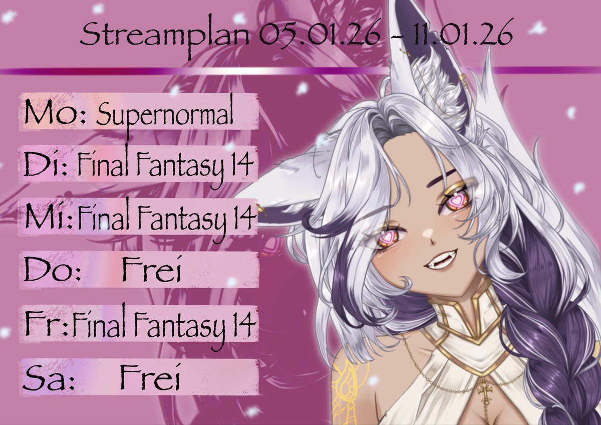Streamplan für nächste Woche 05.01-11.01. 
wir wollen in Final Fantasy 14  weiter kommen also lets Go ganze Woche Start 20 Uhr 💕✌️
#germanvtuber