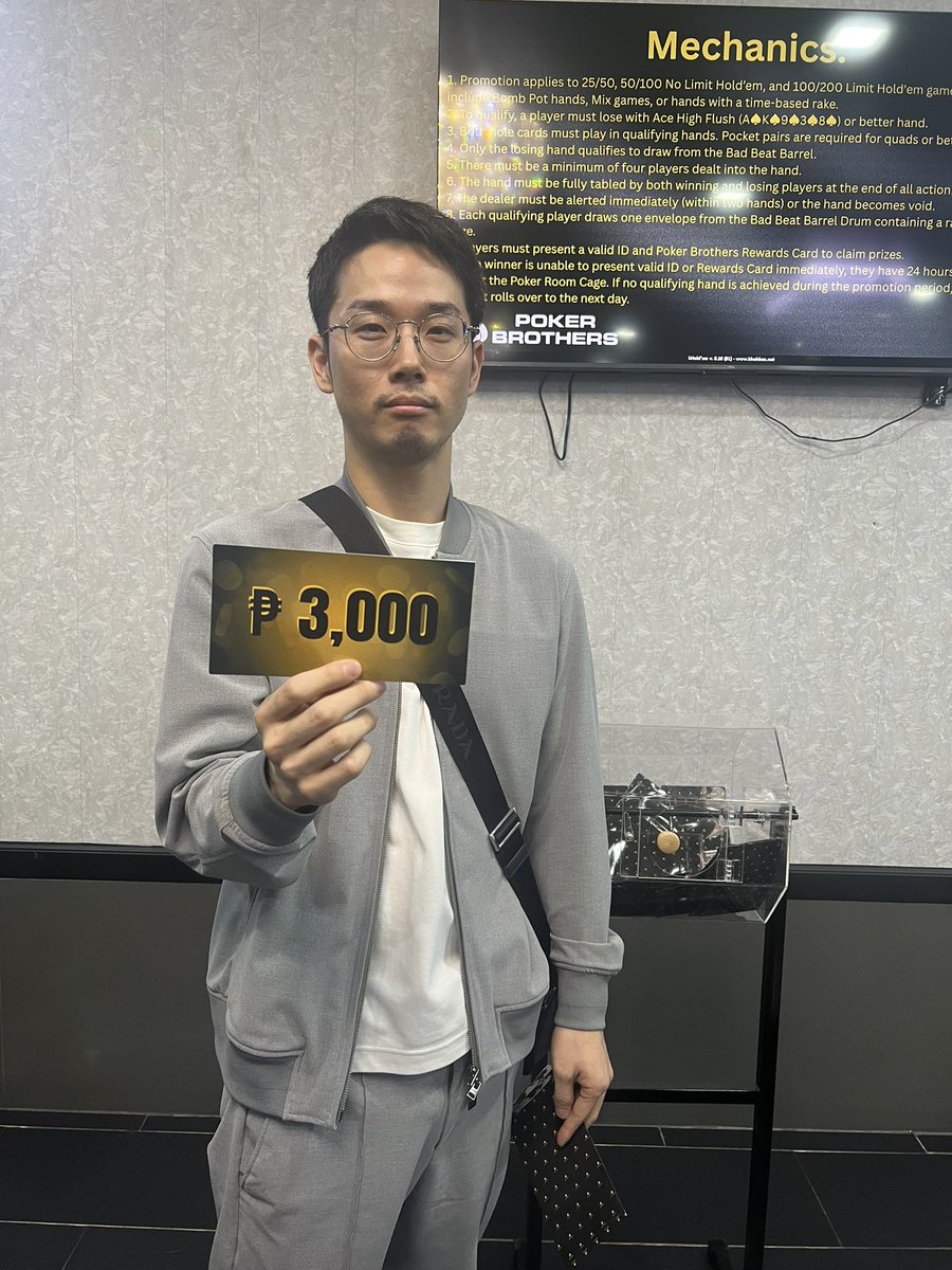 またまた、Badbeat Jack Pot でましたー😍‼️✨ 3000ペソおめでとう御座います！ 日本円で8000円はでかい😆✨