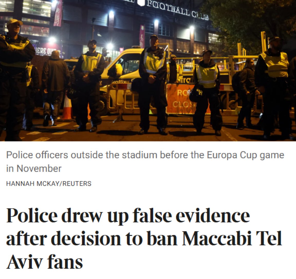EYakoby's tweet photo. BREAKING: It’s now confirmed that the British police fabricated evidence to justify banning Jewish fans from a soccer match after pressure from Islamists.

It shows again authorities acting out of fear when it comes to Islamists, just like with the grooming gangs. https://t.co/dqViVIugES