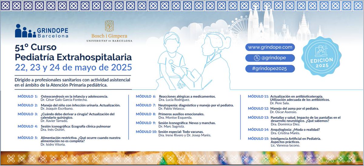 GRINDOPE's tweet image. 🎁Los inscritos al 52º Curso de Pediatría Extrahospitalaria  #grindope2026, que se celebrará el 21, 22 y 23 de mayo 2026 ,  podrán acceder como "bonus" a todos los contenidos (vídeos de las presentaciones y textos) del 51º curso celebrado el 2025 grindope.com