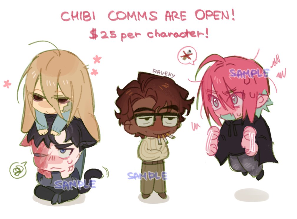 I'm opening chibi commission!!!
Prices at $25 (+100% upfront for extra character) Deadline is 1 week to 2 month 
Payment via PayPal only with full upfront 
DMs or VGen are open :3