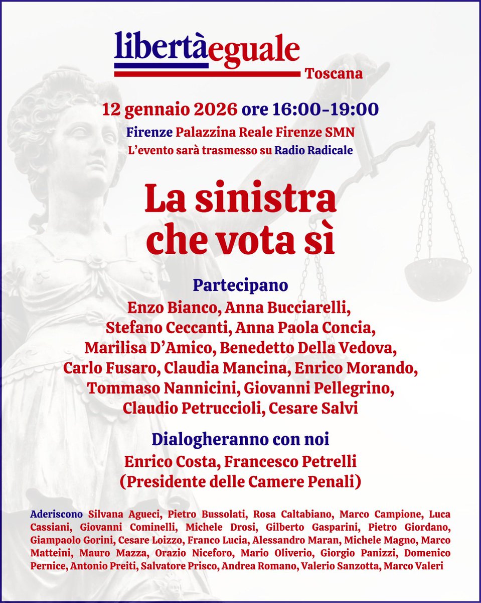 annapaolaconcia's tweet image. Il 12 gennaio si avvicina e noi vi aspettiamo a Firenze. Ricordate sempre che i “sant’uffici della sinistra” non esistono, si scherza, ma non tanto 😉#SeparazionedelleCarriere #SI 
@StefanoCeccanti @LibertaEguale