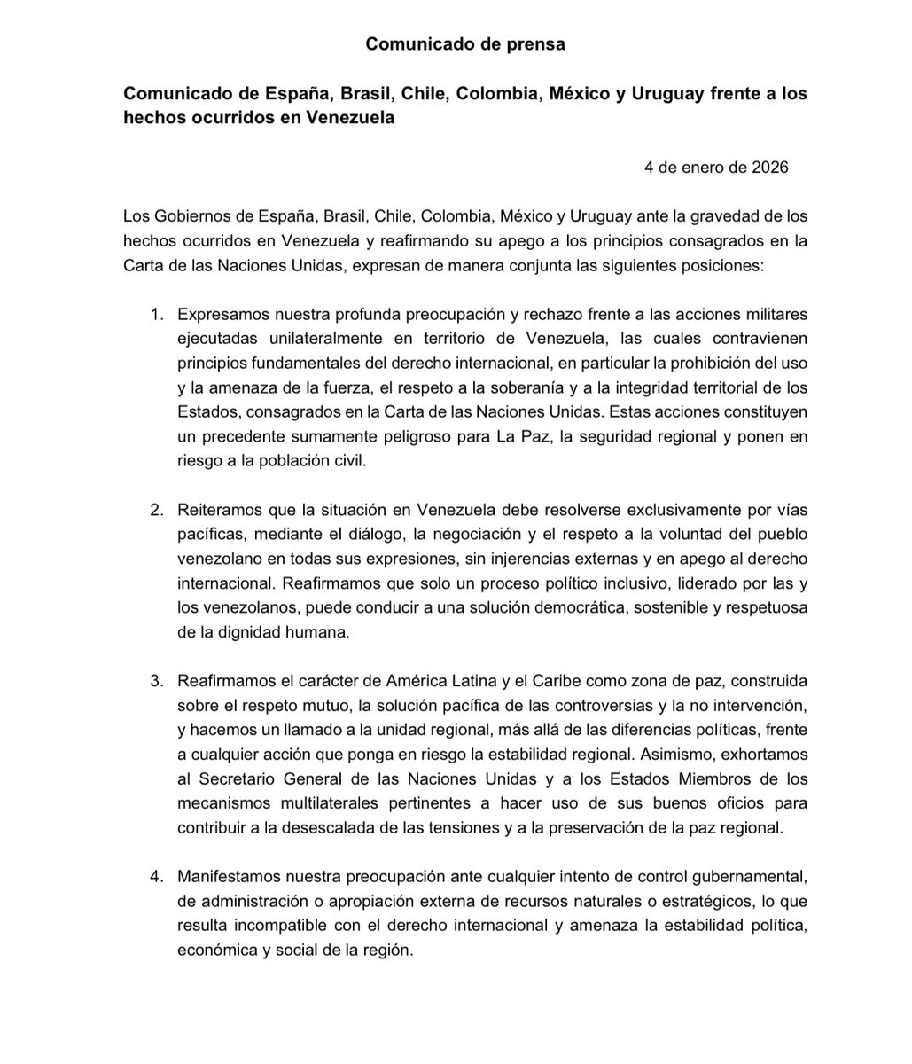 Comunicado conjunto de Brasil, Chile, Colombia, México, Uruguay y España.