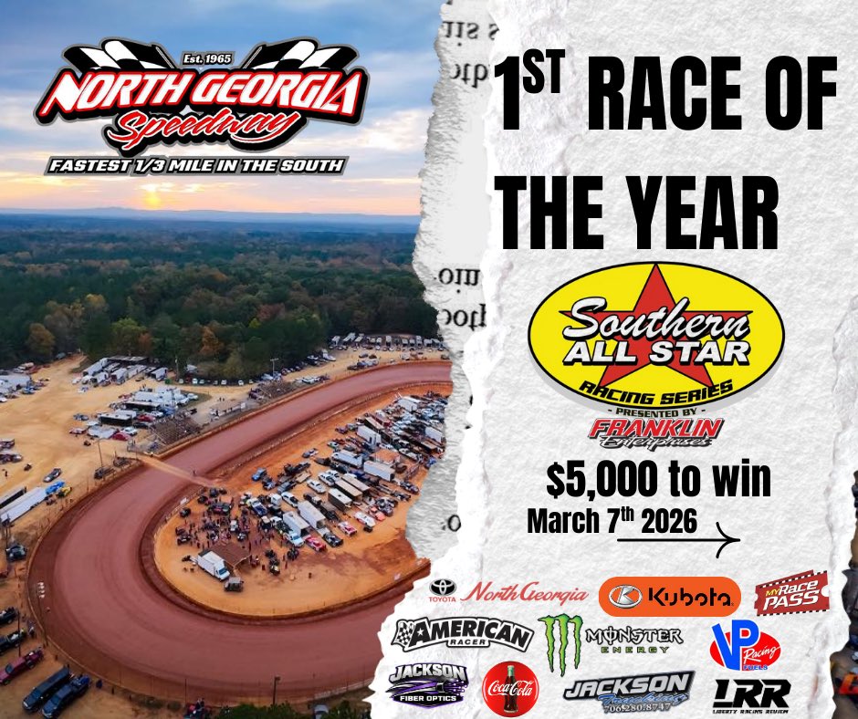 NGSpeedway's tweet image. 🚨🚨 THE WAIT IS OVER 🚨🚨
THE FIRST RACE OF 2026 IS SET ‼️
Southern All Star Racing Series invades North Georgia Speedway 🏁
💰 $5,000 TO WIN
📅 March 7th, 2026
This is the FIRST of MANY announcements… buckle up 😈🔥
#FastestThirdMileInTheSouth #NorthGeorgiaSpeedway