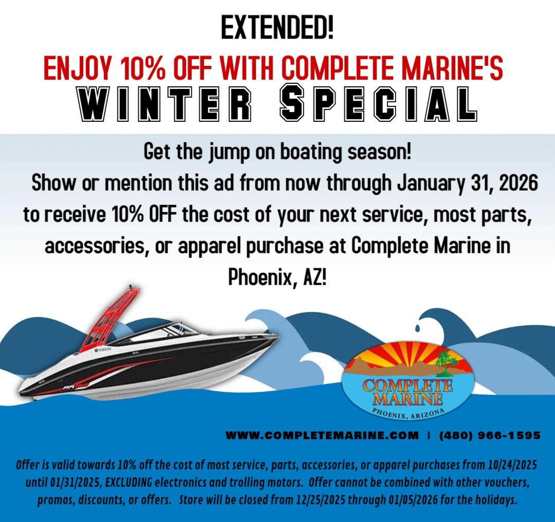 CompleteMarine's tweet photo. Complete Marine returns to normal business hours tomorrow: Monday, Jan 5 at 7:00 AM, and it's the perfect time to take advantage of the shorter turn-around times for drop-off repairs and services for your boat!

Don't wait!  Call today! (480) 966-1595 https://t.co/Q8ALbbc2Cn