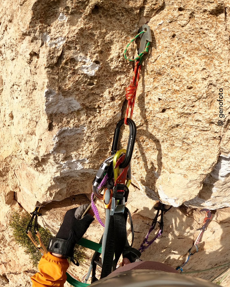 Small beak made &amp; given by a friend, on last pitch of “drunk haiku”. It was the first of 6 beaks in that really nice short pitch… all that before the rain. I had to wait 5 or 6 days to clean it. 

#soloaidclimbing #climbinggear #aidclimbing