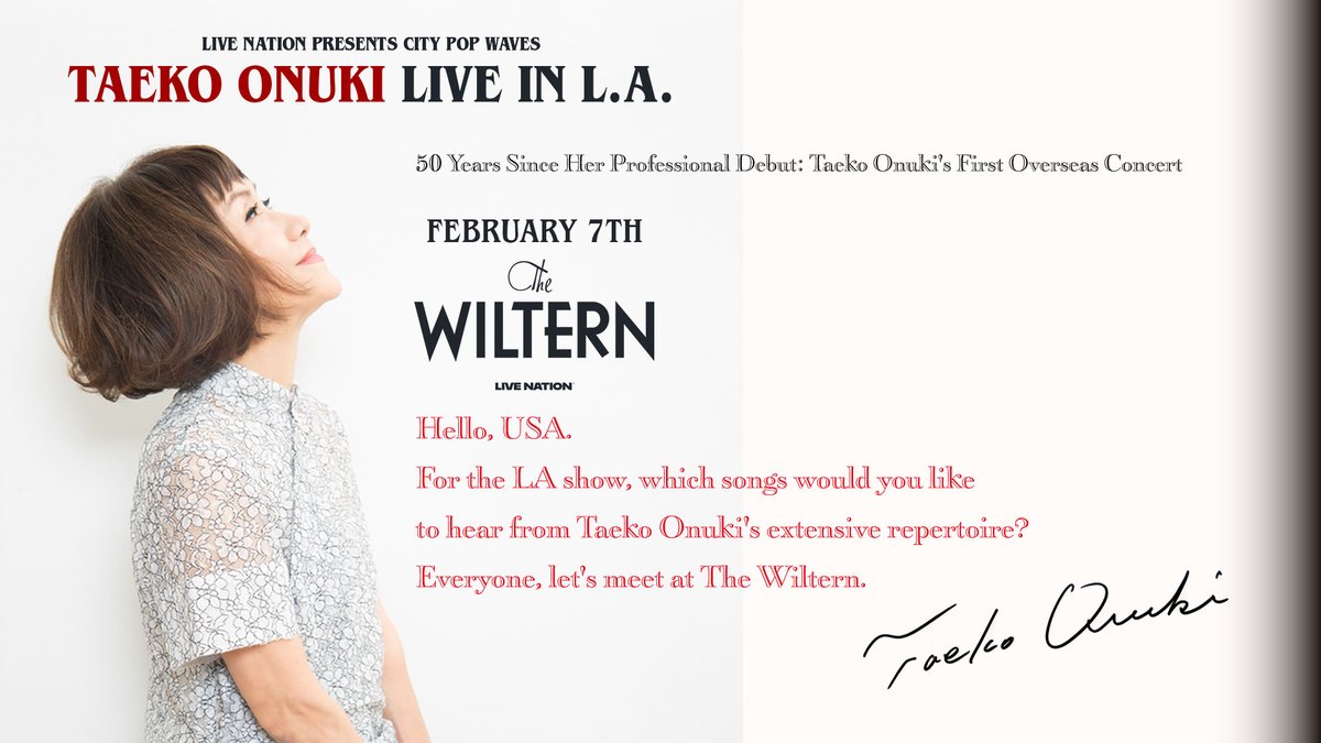 2026 has begun.
Taeko Onuki's tour kicks off in Los Angeles, USA.
This will actually be Taeko Onuki's first overseas performance.
Let's meet at The Wiltern on February 7, 2026.
We are very much looking forward to seeing you all.
ticketmaster.com/city.../event/…
#taekoonuki #thewiltern