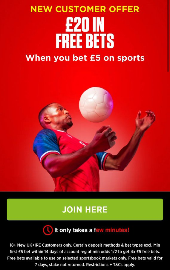 New customers can bet £5 and get £20 in free bets with Ladbrokes today!

Here 👉 bit.ly/3GSPcxF

Place a £5 bet at odds of 1/2 or greater and get 4 x £5 free bets!

18+ gambleaware.org new customers only, #ad T&amp;Cs apply.

UK &amp; IRE only.