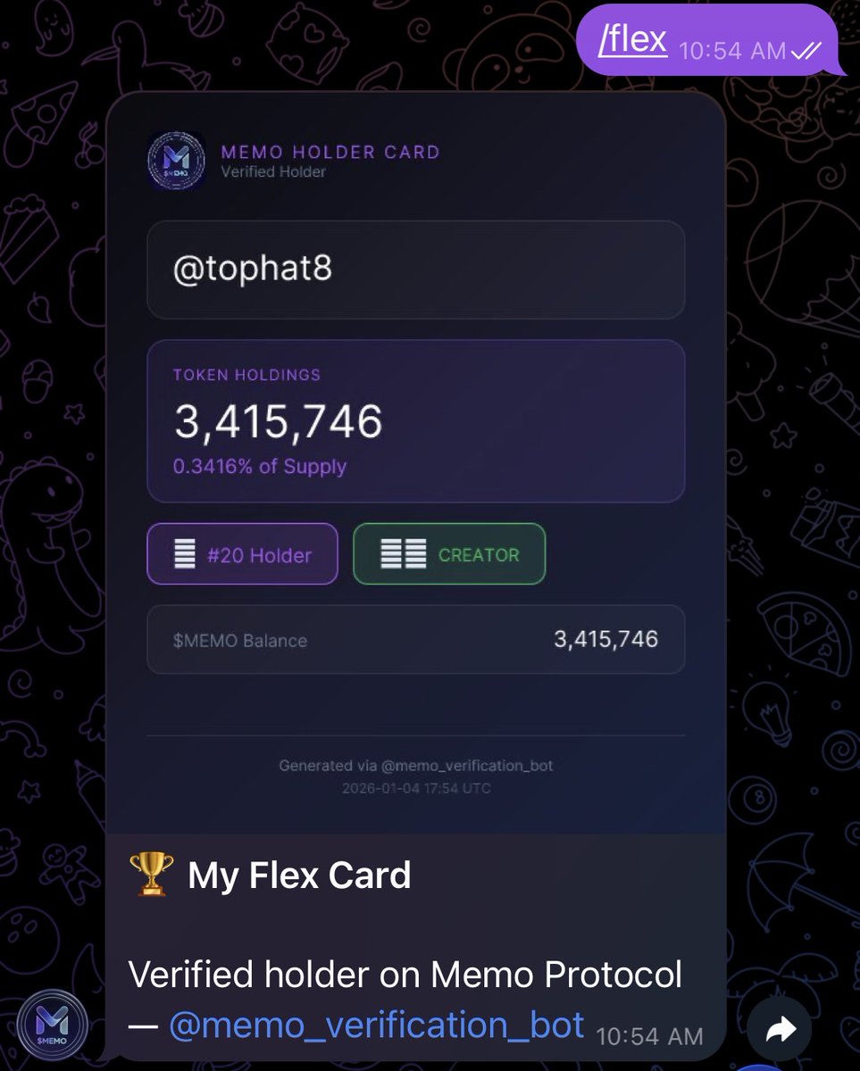 MemoOnSol's tweet image. New Drop: Flex Cards are live on the Telegram bot! 💳

It’s not just for $MEMO. You can flex your bags in whatever community you are in.

Simply type /flex to instantly generate a card displaying your holdings, rank, and stats for that specific group's token.

Join our whale chat…