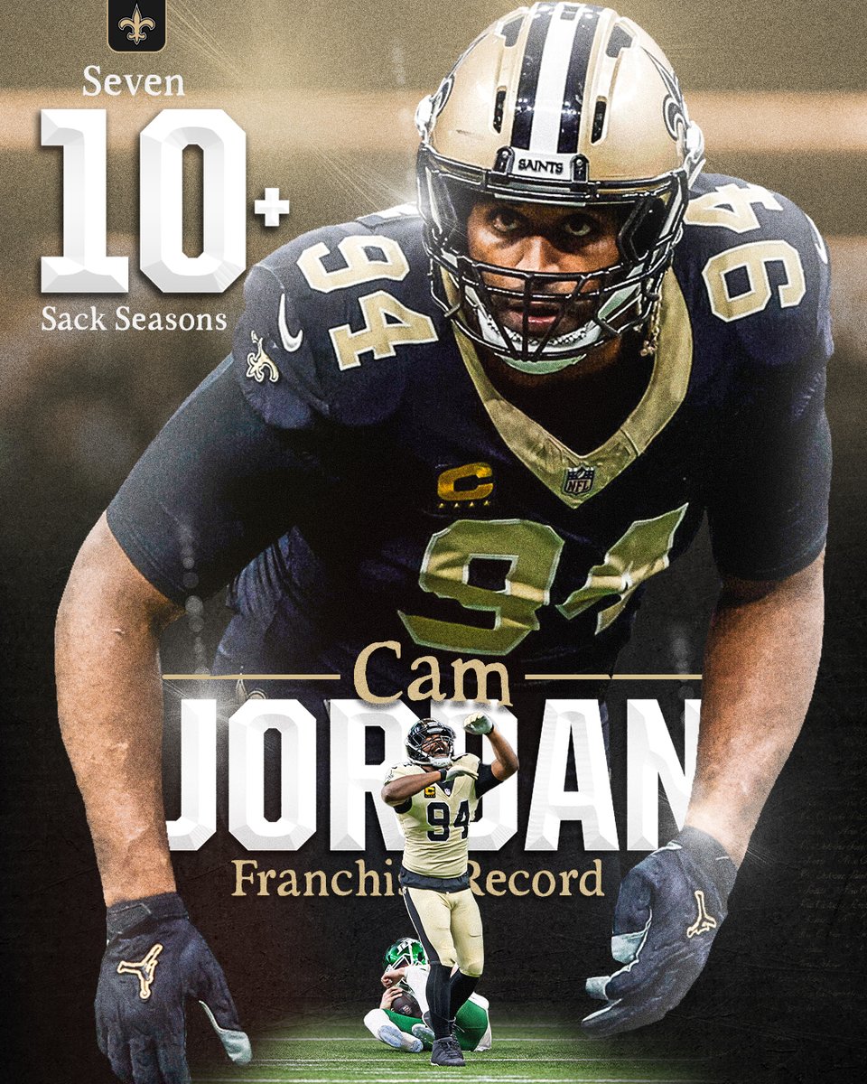 Saints's tweet image. Cam Jordan now has a franchise record 7 seasons with 10+ sacks 💪