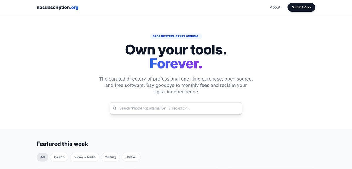 Cypher1984's tweet photo. Today I’m launching https://t.co/rFklviiXYk
It’s my curated directory of one-time purchase, open-source, and free software for people tired of monthly subscriptions.
Feedback is very welcome!
https://t.co/ymxASM1Gzj
#NoSubscriptions #OpenSource https://t.co/Dtc0RAuv2x