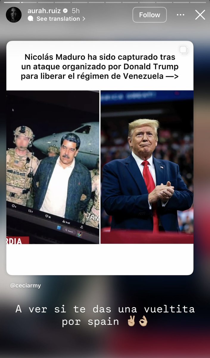 Hoy, Aurah Ruiz, pareja del futbolista Jesé Rodríguez, ha celebrado el ataque militar de Trump ante sus más de 650.000 seguidores y ha pedido que haga lo mismo con España bombardeando nuestro país.
