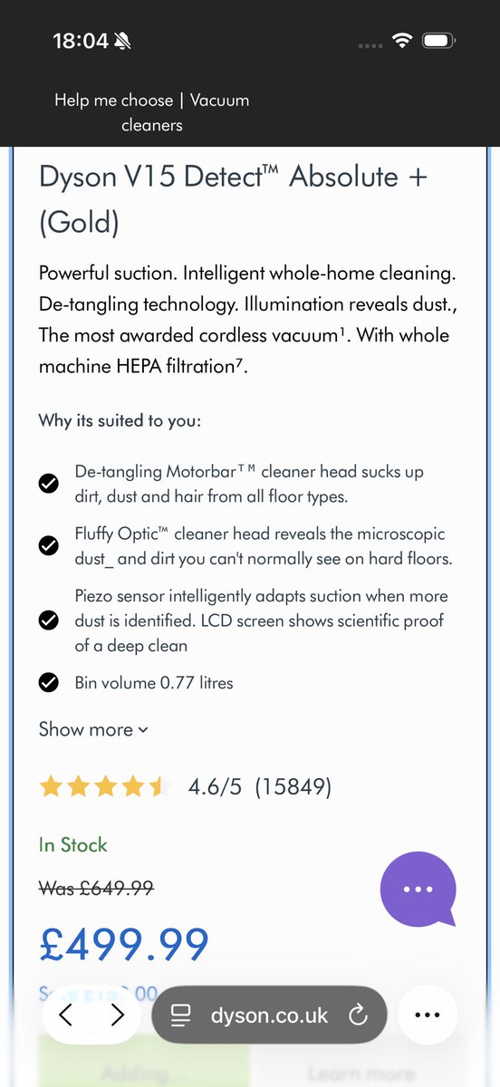 GarryAClayton's tweet photo. @Dyson used your ‘help me choose’ and got my recommendation. When I add to basket it is full price and not at the price quoted. Can you help? https://t.co/U1Y9gQAAkD