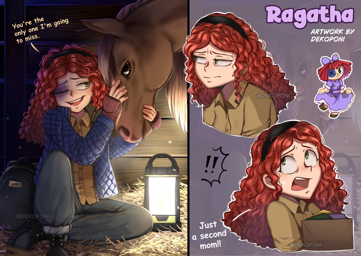 Dekoponi's tweet image. My take on Ragatha as a human, probably from when she was still under 20. I once heard Amanda talk about a theory that the button represents a black eye. I feel like she could've run away from home.
#tadcfanart #TADCRagatha #tadchuman