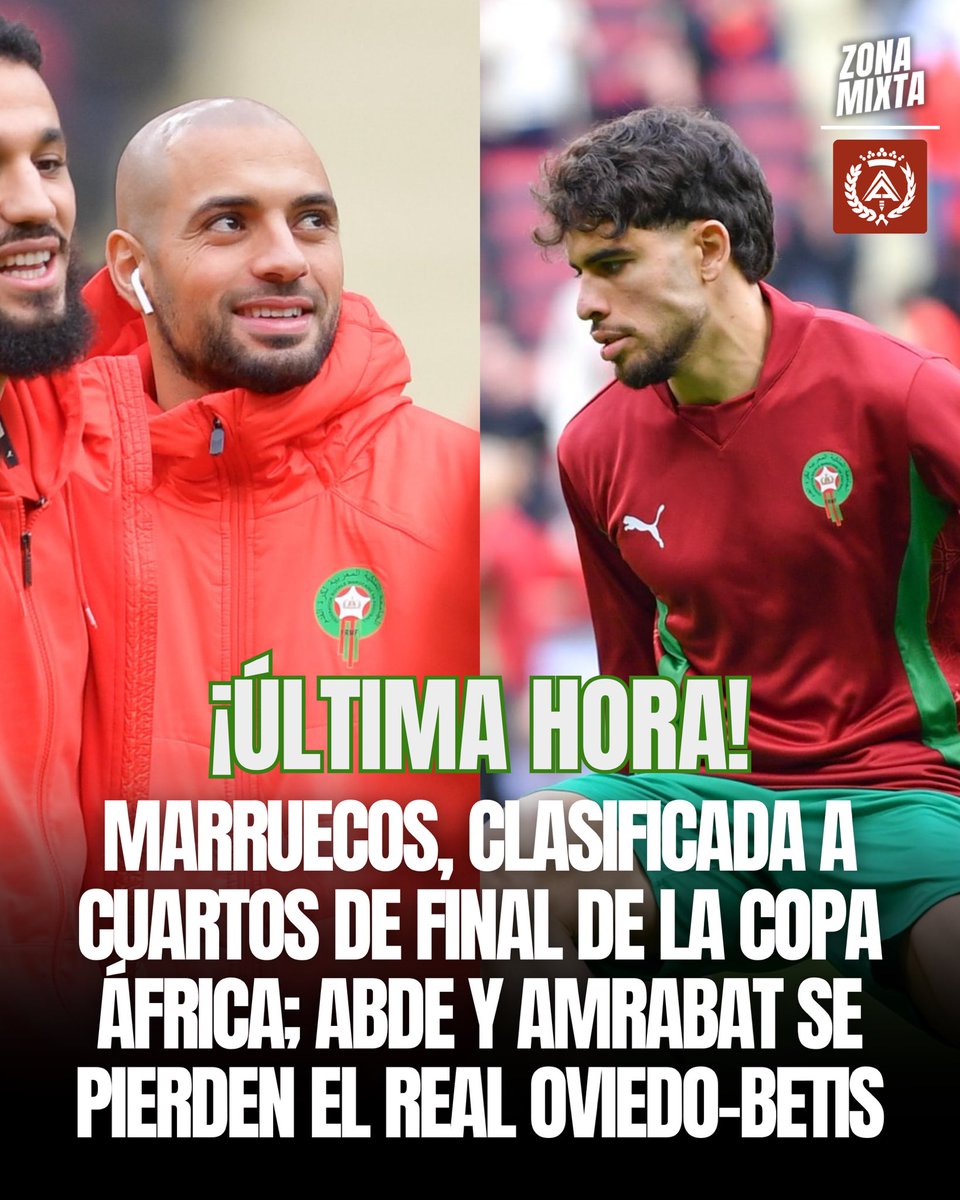 ✅🇲🇦 MARRUECOS, clasificada a CUARTOS de la Copa África.

🫡 Abde ha sido titular en la victoria ante Tanzania.

❌🟢 Los dos jugadores del <a href="/RealBetis/">Real Betis Balompié 🌴💚</a> no estarán disponible ante el Real Oviedo.

#ZonaMixta