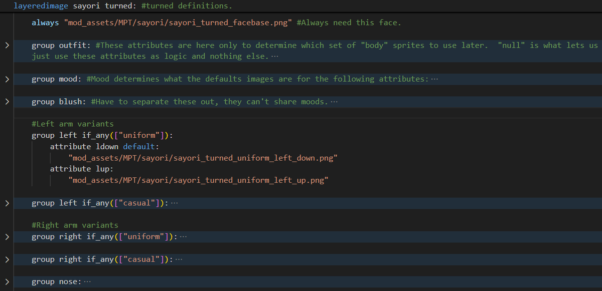 FunFactsDDLC's tweet photo. Ren'py now offers better alternatives such as LayeredImages, which allows to divide a sprite in layers so that you can just toggle the parts individually. 

This is used in some unofficial DDLC modding tools like MPT (Mood Posing Tool)

This didn't exist in 2017 though! https://t.co/kgIkLlKWMR
