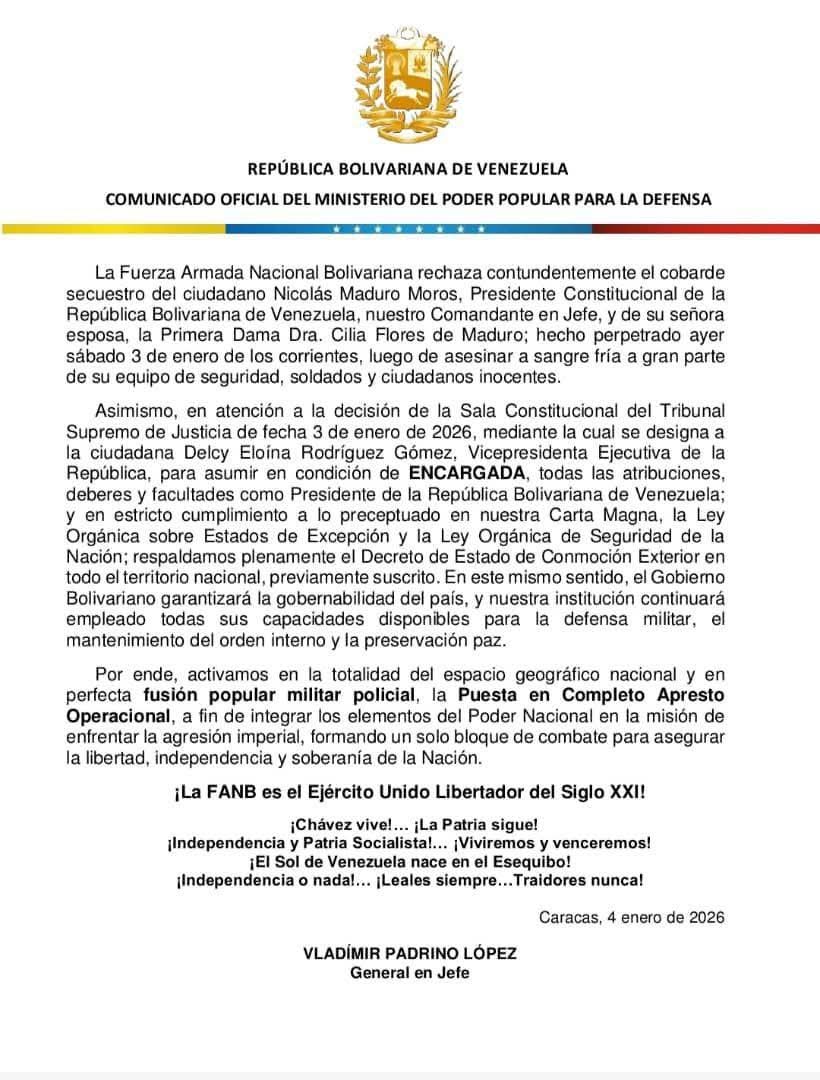 #Comunicado Oficial por parte de la FANB y del Ministro del Poder Popular para la Defensa de la República Bolivariana de Venezuela, GJ 🇻🇪 Vladímir Padrino López. 

#SomosUNAN
#ManaguaSandinista