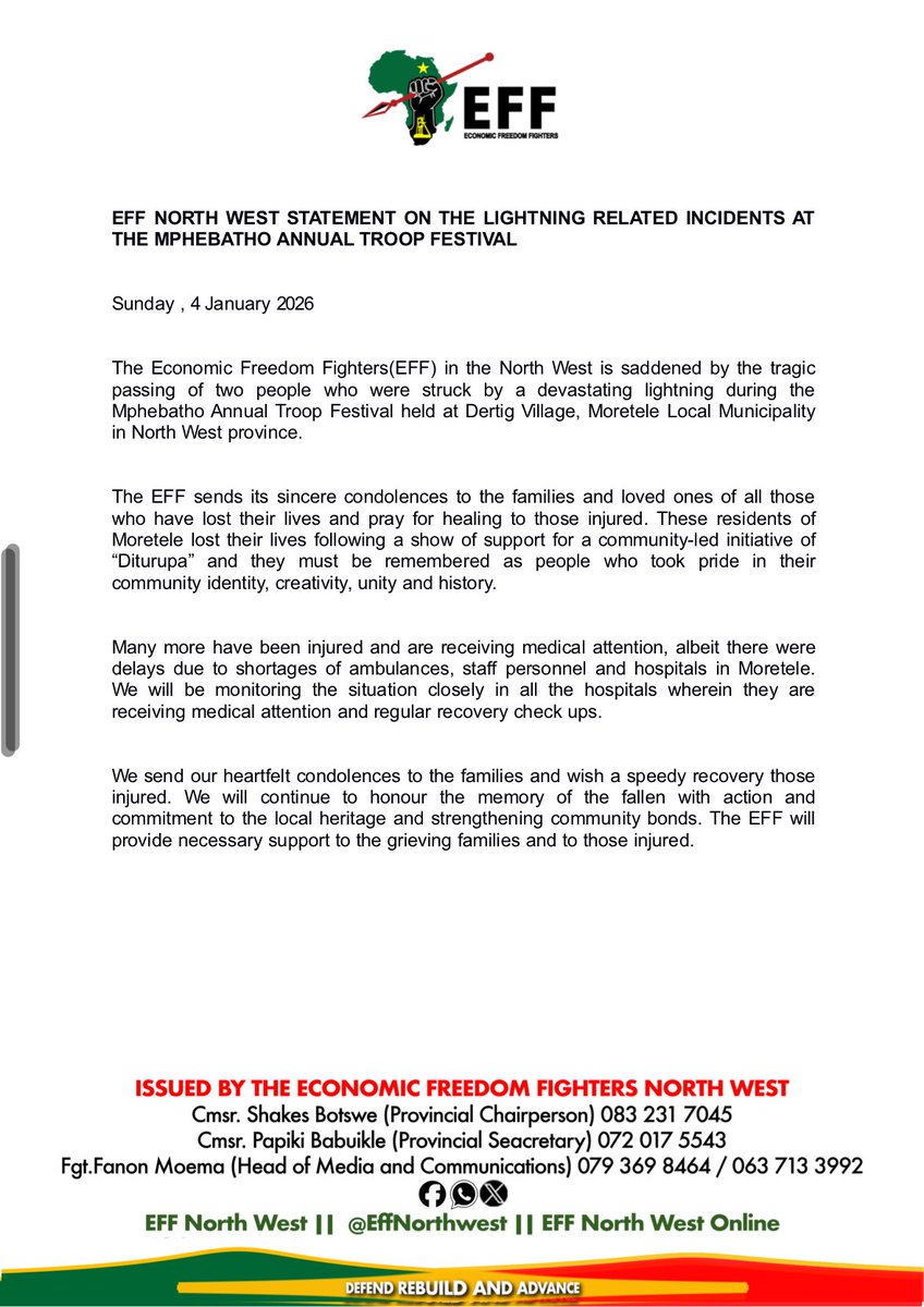 ♦️Media Statement♦️

EFF North West statement on the lightning related incidents at the Mphebatho Annual Troop Festival.