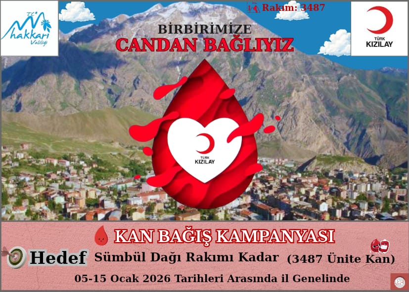 Kıymetli bağışçılarımız Türk Kızılay olarak ilimiz  merkezde Valilik koordinasyonunda kan bağışı kampanyası düzenlenmistir. 
📅05-06/01/2026  Pazartesi-Salı  tarihleri arasinda sizleri 
📍Eski Belediye Alanı 
Kan bağışına davet ediyoruz.
Kan acil degil sürekli ihtiyaçtir