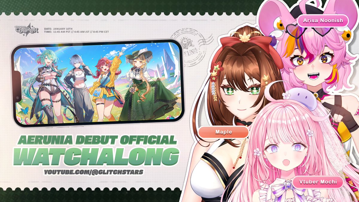 👀 Wanna watch the AERUNIA debut with Glitch Stars?

Their senpais Arisa, Maple and Mochi of OUTBREAK will be doing an official watch along of the WHOLE debut on the Glitch Stars EN Official Channel! 

🗓️ January 10 @ 11:45 AM PST