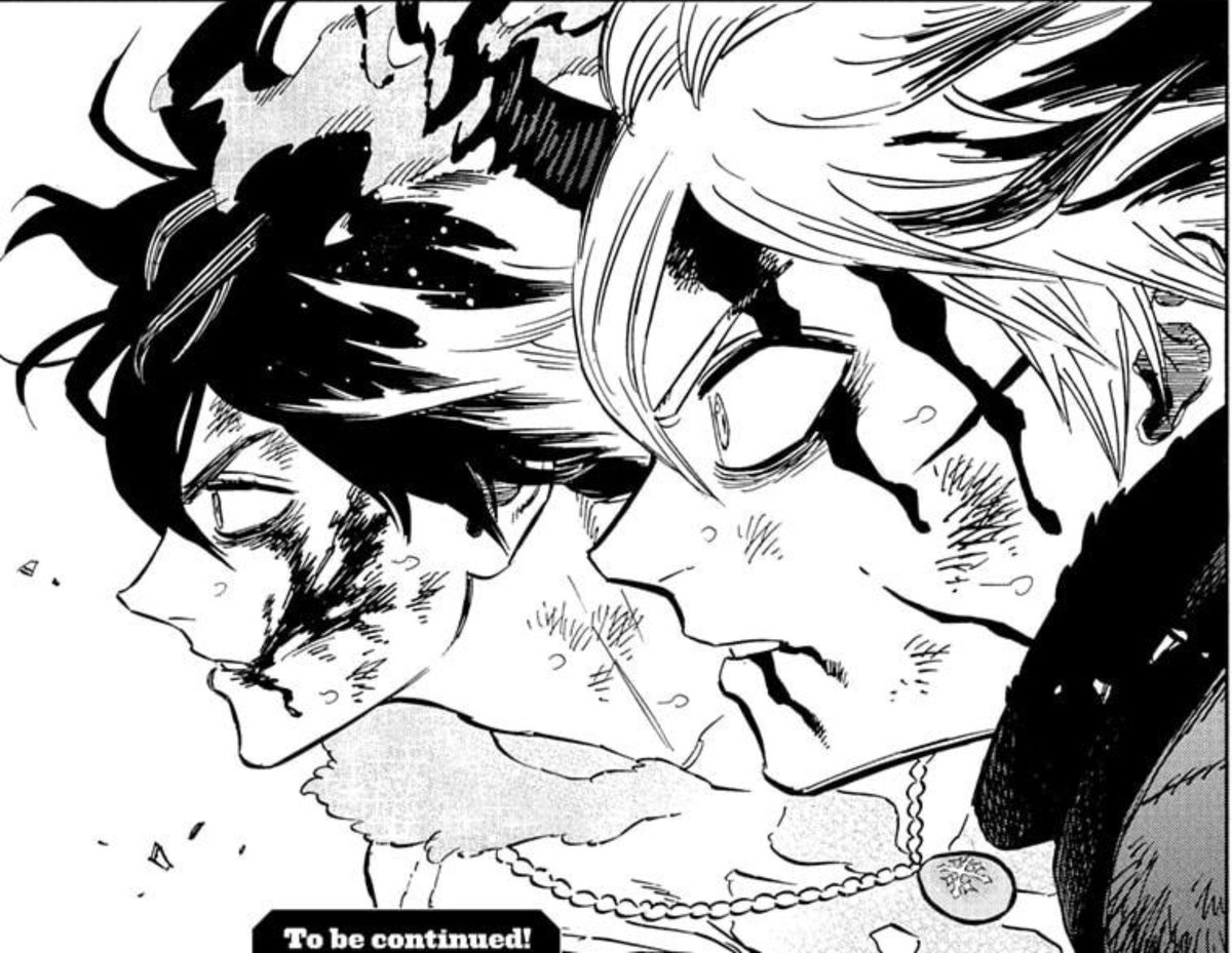 #BlackClover #ブラッククローバー
Asta going from Black to White hair and Yuno doing the opposite? The weg coming undone? The pendant flying?

This panel is GLORIOUS