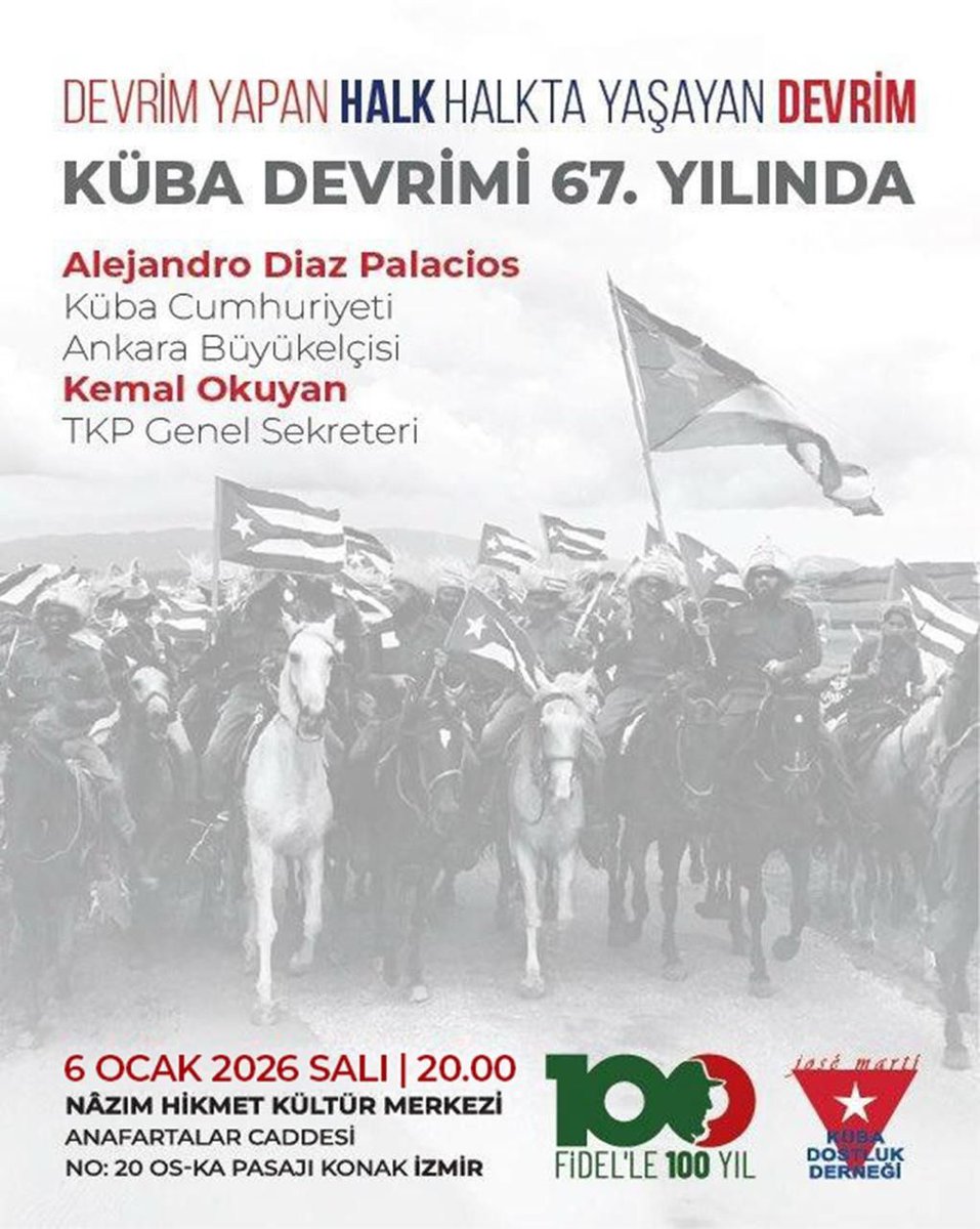 Küba Devrimi’nin 67. yıldönümü dolayısıyla İzmir’de gerçekleştireceğimiz etkinlikte, ABD’nin Venezuela’ya yönelik saldırıları karşısında, Küba Devrimi’nin tüm Latin Amerika açısından taşıdığı tarihsel önemi ve emperyalizme karşı mücadelenin bugün aldığı güncel boyutları ele