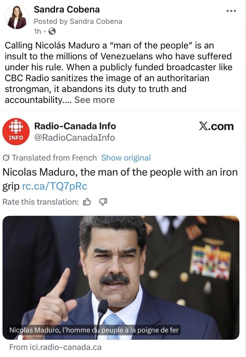 SandraCobena_'s tweet image. 🚨‼️Calling Nicolás Maduro a "man of the people" is an insult to the millions of Venezuelans who have suffered under his rule. 

When a publicly funded broadcaster like CBC Radio sanitizes the image of an authoritarian strongman, it abandons its duty to truth and accountability.…