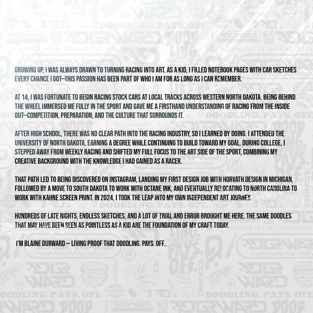 BDurward's tweet image. Hey, I’m Blaine — the graphic artist behind Durward™.

From doodling racecars as a kid to creating designs you can wear and display in the race stands, every line I make tells a story. Here’s a little bit about who I am — welcome to my world.

Doodling. Pays. Off 🖍️