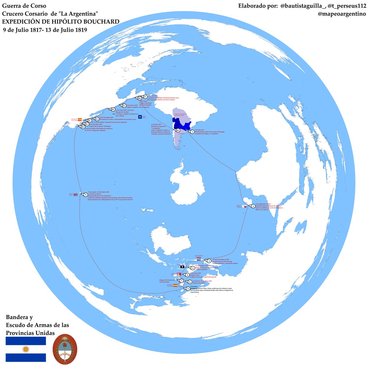 🗺️ 4 de enero 🇦🇷⚓️
En un nuevo aniversario del fallecimiento de Bouchard, les compartimos el 𝗺𝗮𝗽𝗮  «Trayecto de la 𝗲𝘅𝗽𝗲𝗱𝗶𝗰𝗶ó𝗻 de Hipólito Bouchard, a cargo de "La Argentina" (1817-1819)»  elaborado por nuestros miembros <a href="/bautistaguilla_/">Bautista M. Guillamondegui</a> y <a href="/t_perseus112/">Perseus112</a>.

<a href="/Armada_Arg/">Armada Argentina</a>