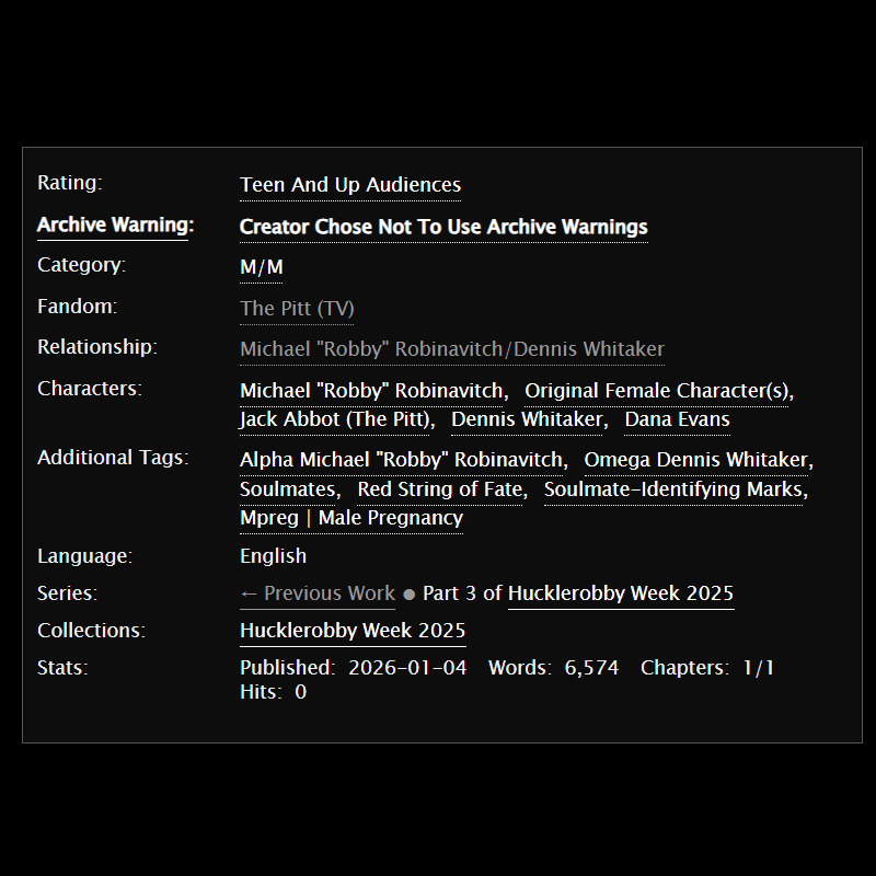 R_RIN_I_RIN_N's tweet image. For @HucklerobbyWeek Day 3 Red string of fate

Alpha Robby was 20, studying late into the night with his Beta girlfriend for an upcoming exam, when his whole life changed.

A03 Link: 
archiveofourown.org/works/77088266

#HucklerobbyWeek 

Photo of Robby with blue eyes in reply to this post.