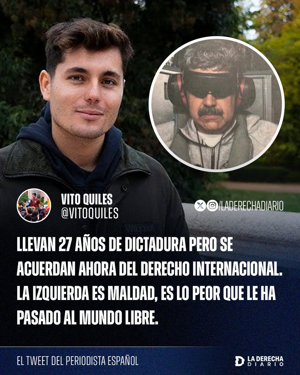 laderechadiario's tweet photo. 🚨🇪🇸🇻🇪🇺🇲 | Vito Quiles explotó contra los zurdos que defienden al exdictador narcoterrorista Nicolás Maduro: "Llevan 27 años de dictadura pero se acuerdan ahora del derecho internacional. La izquierda es maldad, es lo peor que le ha pasado al mundo libre". https://t.co/rxwuisYt96