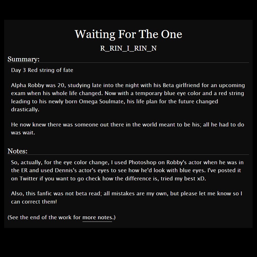 R_RIN_I_RIN_N's tweet image. For @HucklerobbyWeek Day 3 Red string of fate

Alpha Robby was 20, studying late into the night with his Beta girlfriend for an upcoming exam, when his whole life changed.

A03 Link: 
archiveofourown.org/works/77088266

#HucklerobbyWeek 

Photo of Robby with blue eyes in reply to this post.