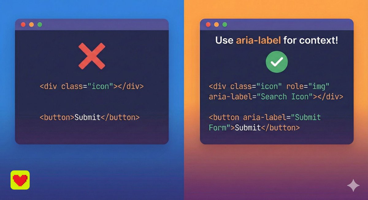 CodeTherapyTeam's tweet photo. ✅ لما نبني مكونات معقدة نستخدم صفات ARIA  عشان نشرح لقارئ الشاشة وش قاعد يصير، مثل aria-label للعناصر الغير واضحة (مثل زر الإغلاق "X") و aria-live لتنبيه الكفيف بوجود تحديث مفاجئ على الشاشة (مثل رسالة خطأ ظهرت فجأة). https://t.co/W7NKUHBKfX