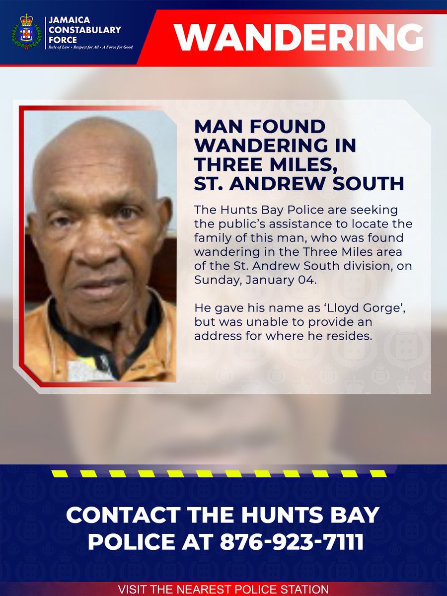 JamaicaConstab's tweet image. The Hunts Bay Police are seeking the public’s assistance to locate the family of this man, who was found wandering in the Three Miles area of the St. Andrew South division, on Sunday, January 04.
​
He gave his name as ‘Lloyd Gorge’, but was unable to provide an address for where
