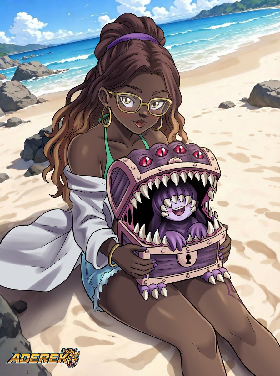 Laura Saad and her partner Geminimon 💜 Before you ask: ✍️ The character  illustrations are 100% handmade. 🌊 The background is the only part  generated by AI. Composition made by me., image size:896x1200