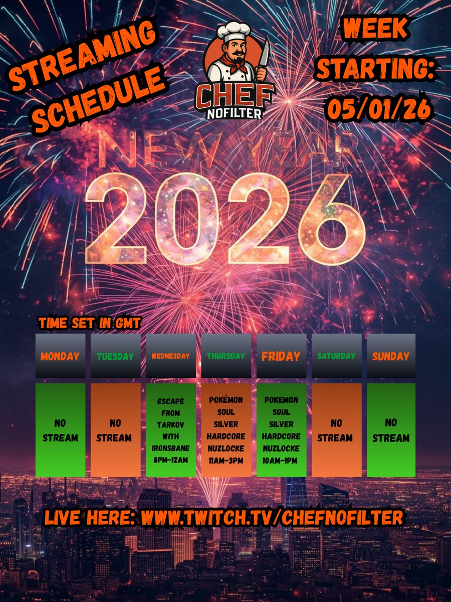 ChefNoFilter's tweet image. 🔥New Year, New Grind! 🔥

My 2026 streaming schedule kicks off with some
Escape from Tarkov &amp;amp; Pokémon SoulSilver Hardcore Nuzlocke on the menu 🧑‍🍳🎮

Catch me live 👉 twitch.tv/chefnofilter

#TwitchStreamer #StreamingSchedule #EscapeFromTarkov #Pokemon #HardcoreNuzlocke