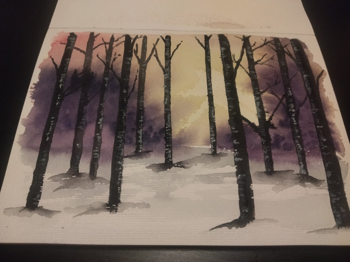 Un tranquilo solpor de inverno xogando en acuarela