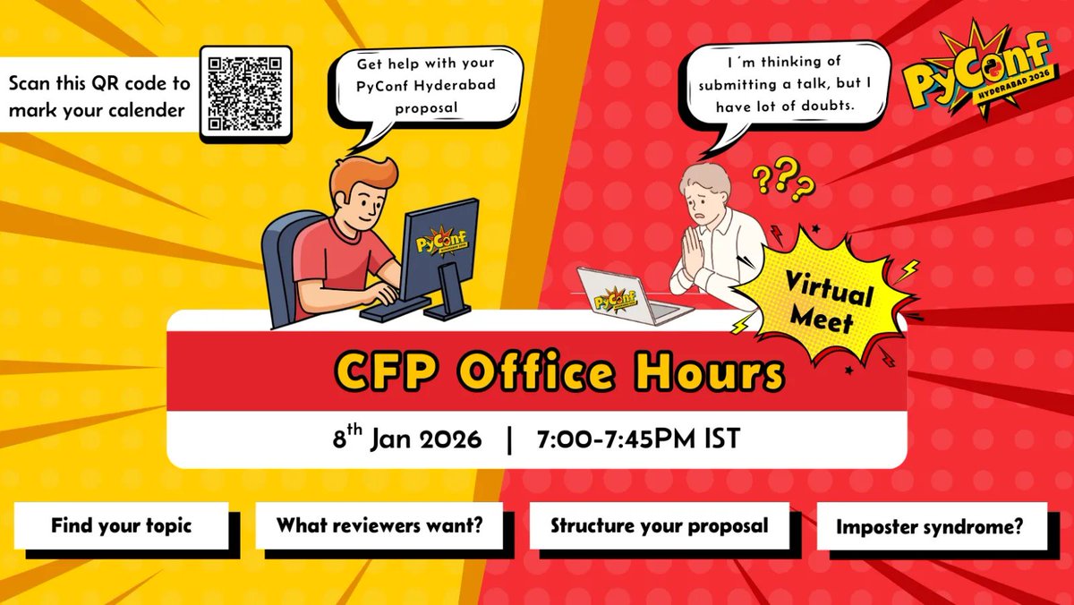 🩵 Need help submitting your PyConf talk?

🤗 Join our CFP Office Hours to get guidance from experienced mentors &amp; speakers, clear your doubts and submit with confidence.

📅 8 Jan 2026
⏲️ 7:00 - 7:45 PM IST
🔗 tinyurl.com/PyConfHyd-CFP-…

#PyConfHyd2026 #CFP #Python #TechEvent