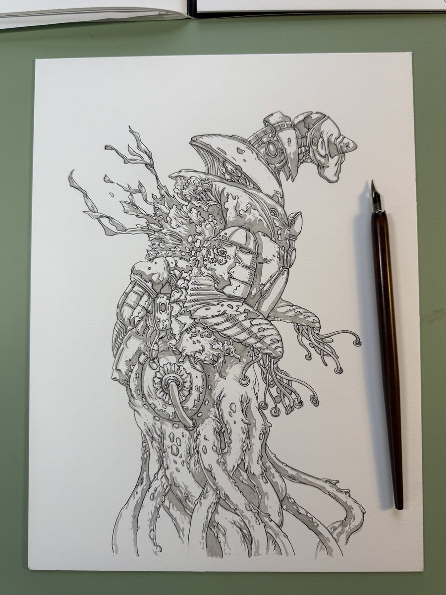 Lost_Machine's tweet image. Here a peek at a piece I’m working on this week called “Symbiote.” This is the intermediate stage. The final will be in coloured.