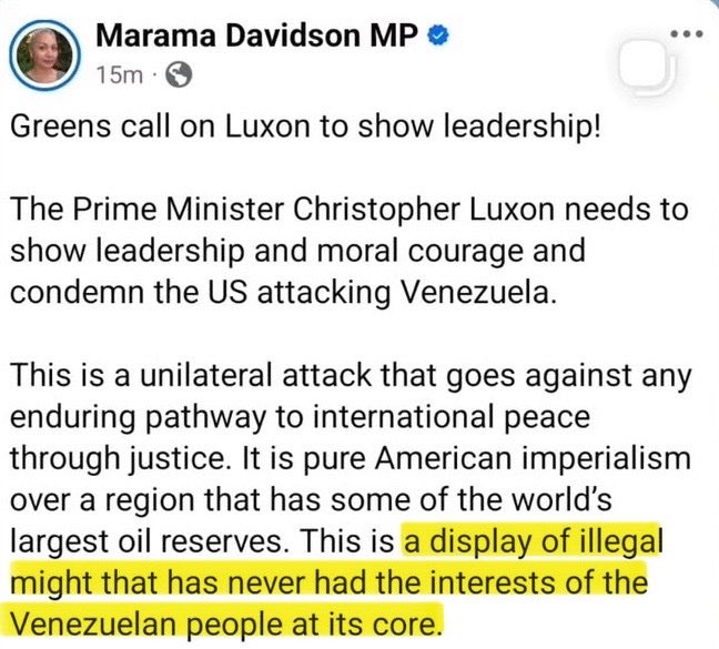 TonyStuart55's tweet image. Marama Davidson patently hadn’t seen the hundreds of thousands of Venezuelans dancing in the streets to celebrate the arrest of Maduro.
