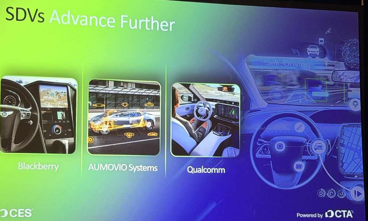 SDVs are officially growing up. 🚗💻

At #CES2026, software-defined vehicles keep advancing—powered by serious platform players:

<a href="/BlackBerry/">BlackBerry</a> bringing automotive-grade software trust

<a href="/AUMOVIOUSA/">AUMOVIO USA</a> pushing intelligent vehicle systems

<a href="/Qualcomm/">Qualcomm</a> turning cars into edge-AI compute