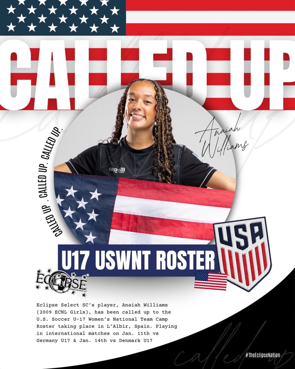 EclipseSelectSC's tweet photo. A huge CONGRATS to our Eclipse 2009 ECNL Girl, @anaiahw95 on her selection for the US U17 Women’s National Team Camp Roster! @usynt 

Catch her in Spain 🇪🇸
▪️USA vs Germany @ 1/11
▪️USA vs Denmark @ 1/14

We are so proud of you 👏 

#TheEclipseNation | #usyntcamp #U17WNT https://t.co/Z7iycfh2oY