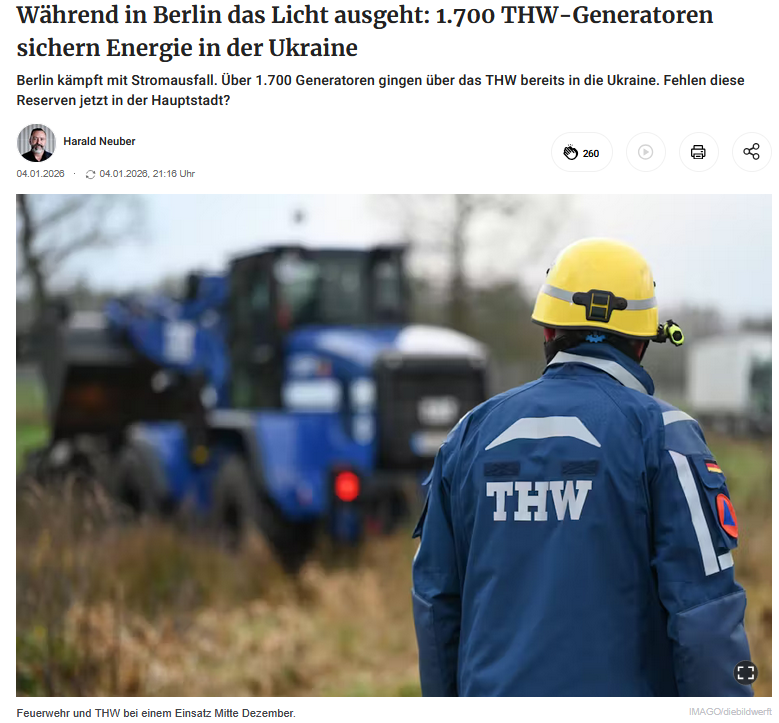 Es war abzusehen, dass es sich irgendwann mal rächt, wenn wir alles, was nicht niet- und nagelfest ist, in die Ukraine schicken. 1.700 Generatoren, 1.100 Ölheizgeräte, 180 winterfeste Zelte, all das hätte man jetzt beim großen Winter-Blackout in Berlin dringend gebraucht, ebenso