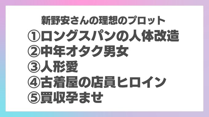 昨日は『成年漫画ラボ』ご視聴ありがとうございました! 新野安さんの理想の成年漫画プロット()「寝取られた僕のオタク女友達が全身整形で乳100cmの風俗女になるまで」が無事完成しました オタクくん可哀想に…