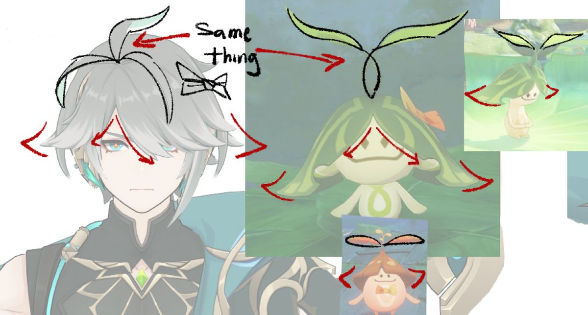 aquiluvies's tweet image. I just realized how much Alhaitham's hair reminds me of the aranaras' little hats; okay boy we get it you consider them part of your family, enough to have a hairstyle like theirs.
Look, the bow was important.