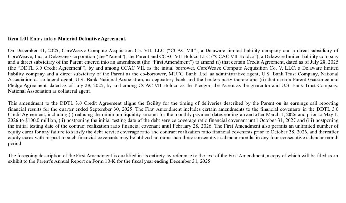 DarioCpx's tweet image. $CRWV quietly filed a 8-K on Friday after close disclosing it restructured a credit facility with its lenders to avoid it could trigger default because of its “expansion delays”

Narrator: “nothing to see here”