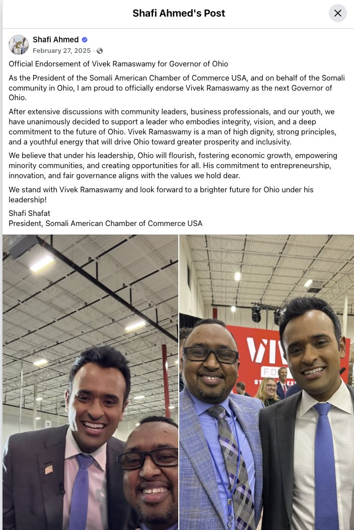 WeWillBeFree24's tweet image. 🚨 Ohio you have two choices for Governor. 

Casey Putsch, or Vivek Ramaswamy. 

Vivek has been Officially endorsed by the Somali Chamber of Commerce National chapter, on behalf of the Somali community in Ohio.