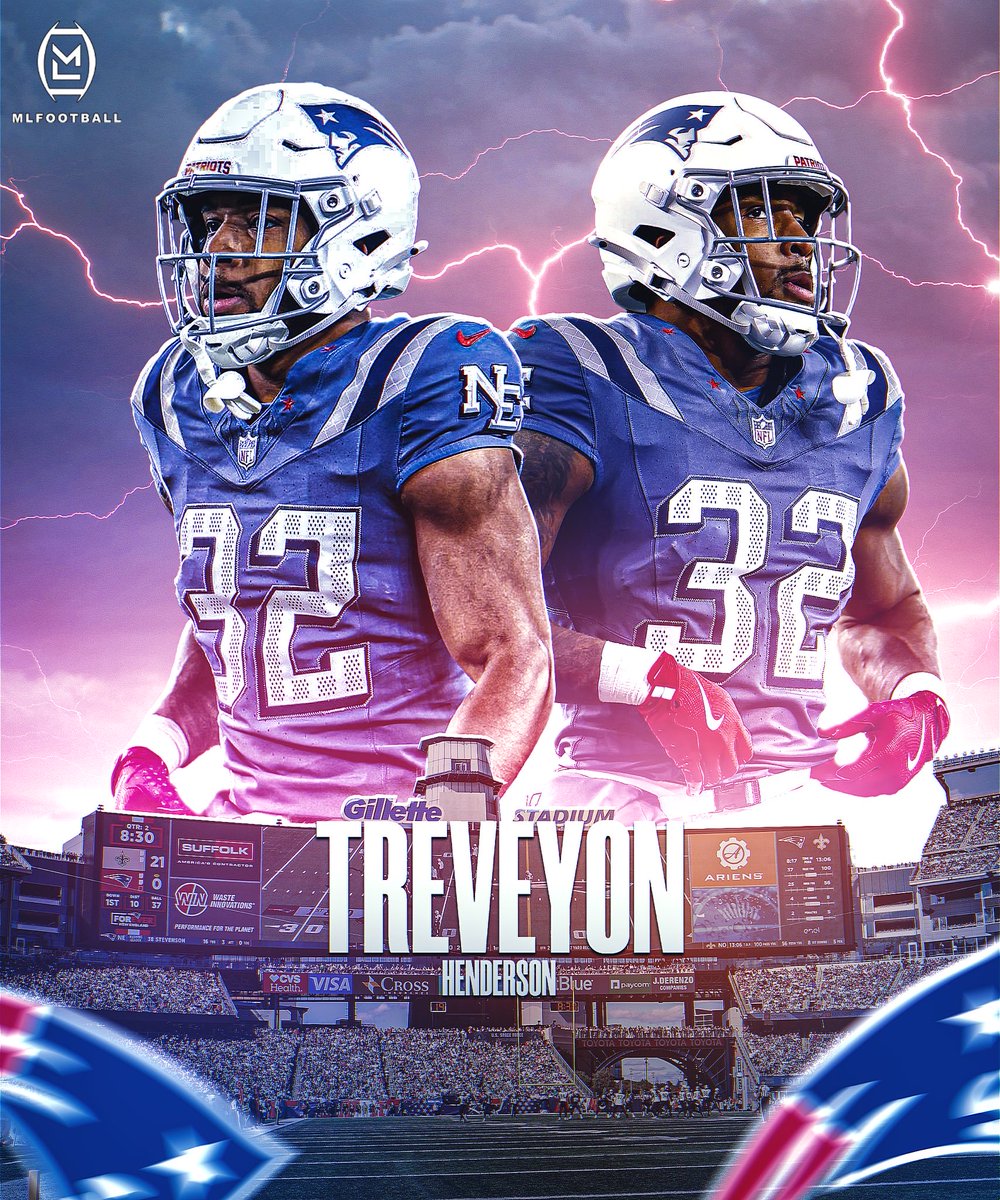 MLFootball's tweet image. HELL OF A START:

New England #Patriots rookie running back TreVeyon Henderson had an electric first season in the #NFL.

180 carries
911 yards 
5.1 yards per carry 
10 total TDs 
35 catches
1,132 total yards

Pretty remarkable stats, especially after not playing the 1st month.