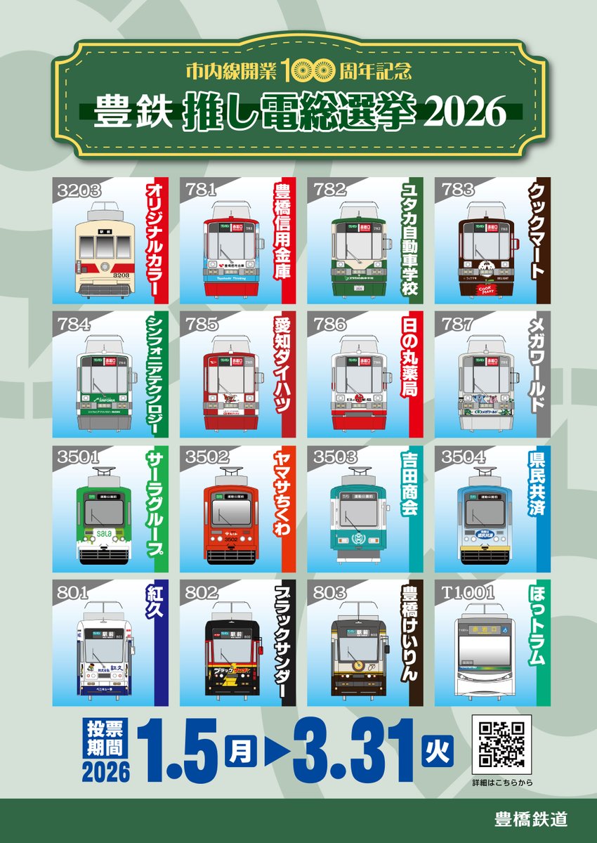 負けられない戦いが、ここにある…
(たぶん)豊鉄史上初！ 
市内線全16車両によるガチンコ総選挙🚋🔥

本日より投票スタート！
あなたの「#推し電」を、勝ちヒロイン（1位）にしてください🥺✨

詳しくはこちらから！👇
toyotetsu.com/event/000029.h…

#豊鉄推し電総選挙2026  #豊橋鉄道 #市内線 #推し活